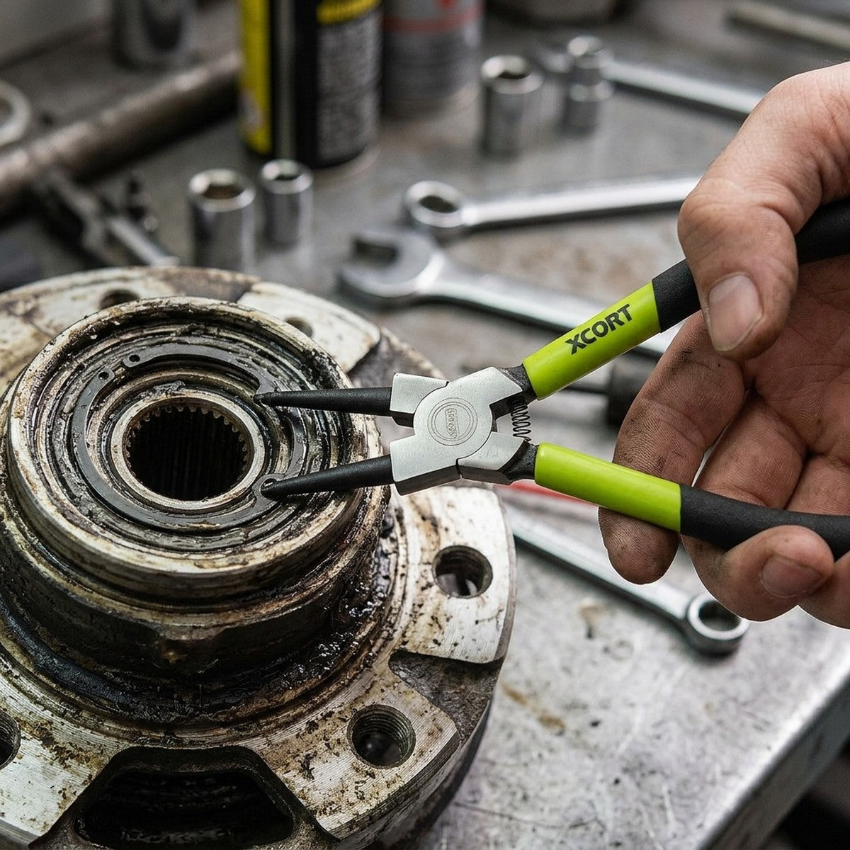 Straight Internal Brake Pliers 7 Inch — in use