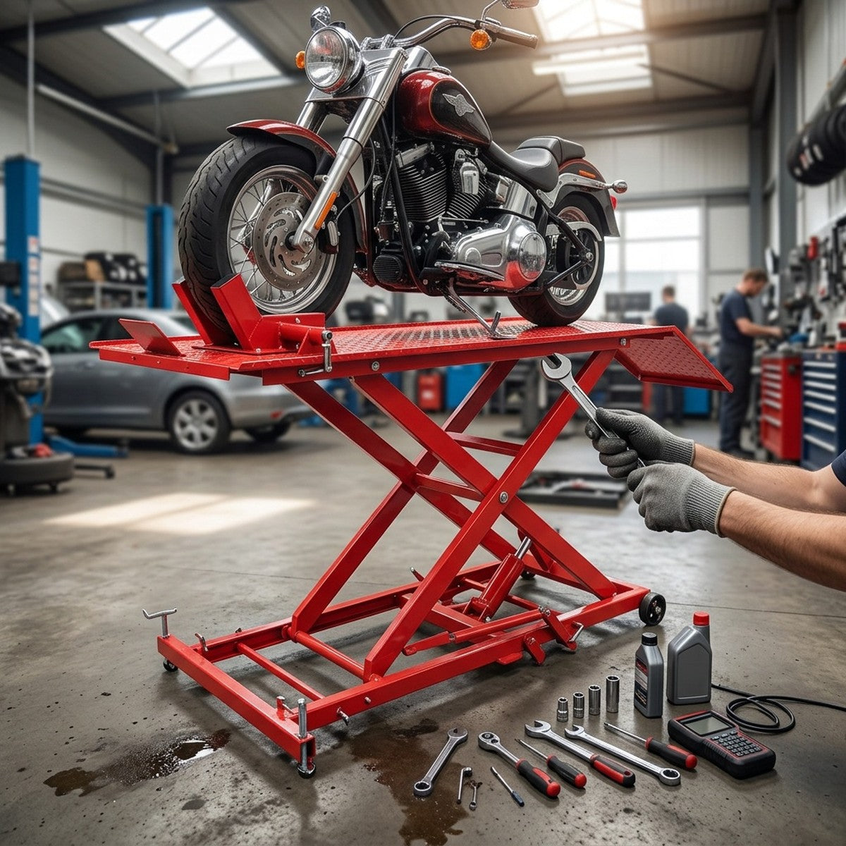 Motorcycle Scissor Jack 1000 LBS — in use