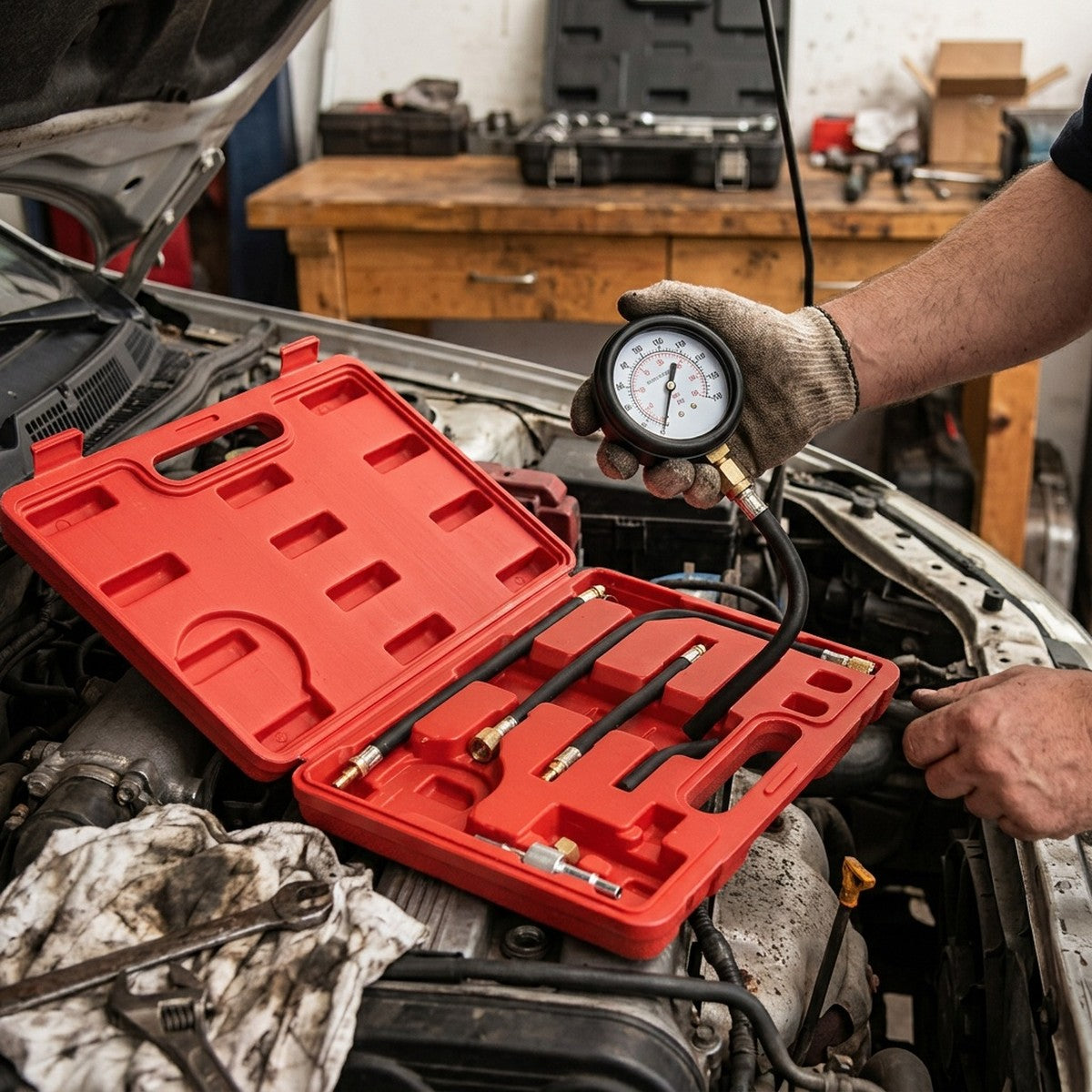 Petrol Engine Compression Pressure Tester — in use