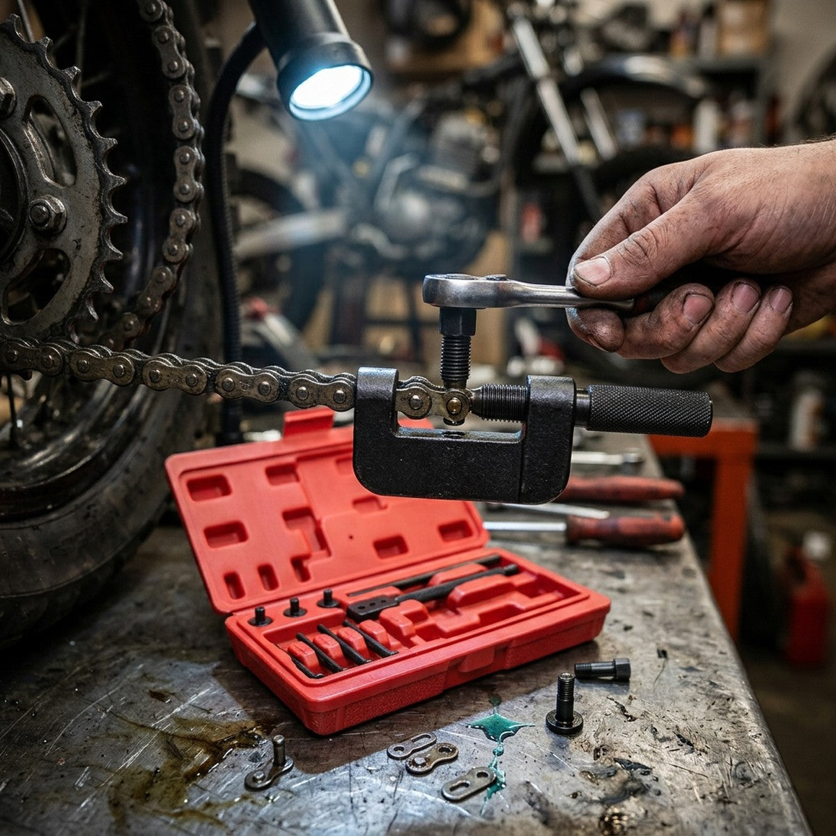Chain Breaker & Riveting Tool — in use