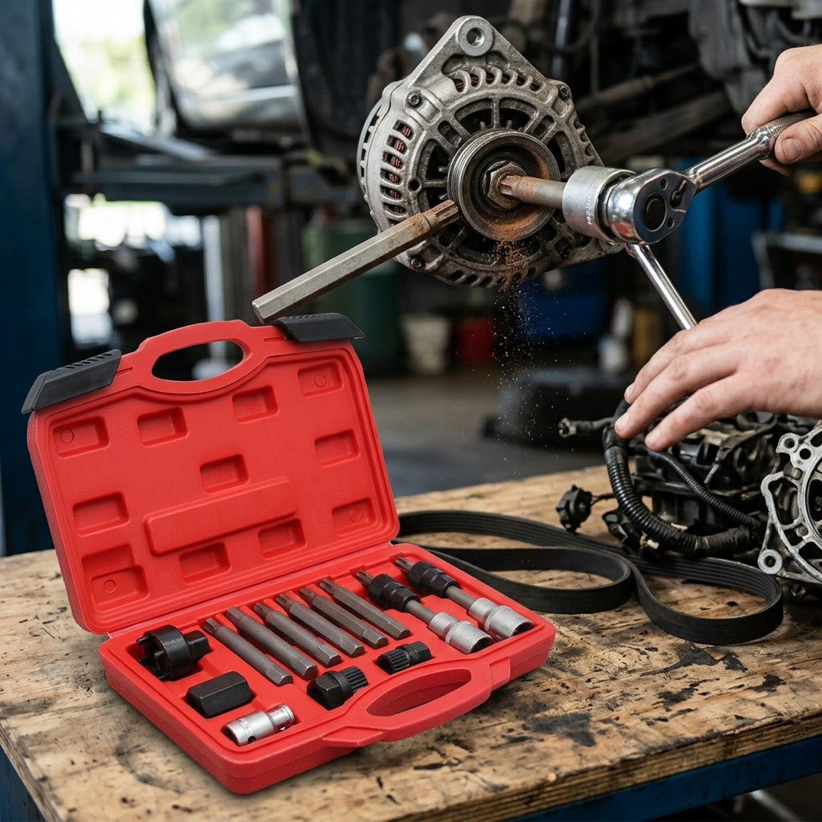 13-Piece Alternator Pulley Removal Kit — in use