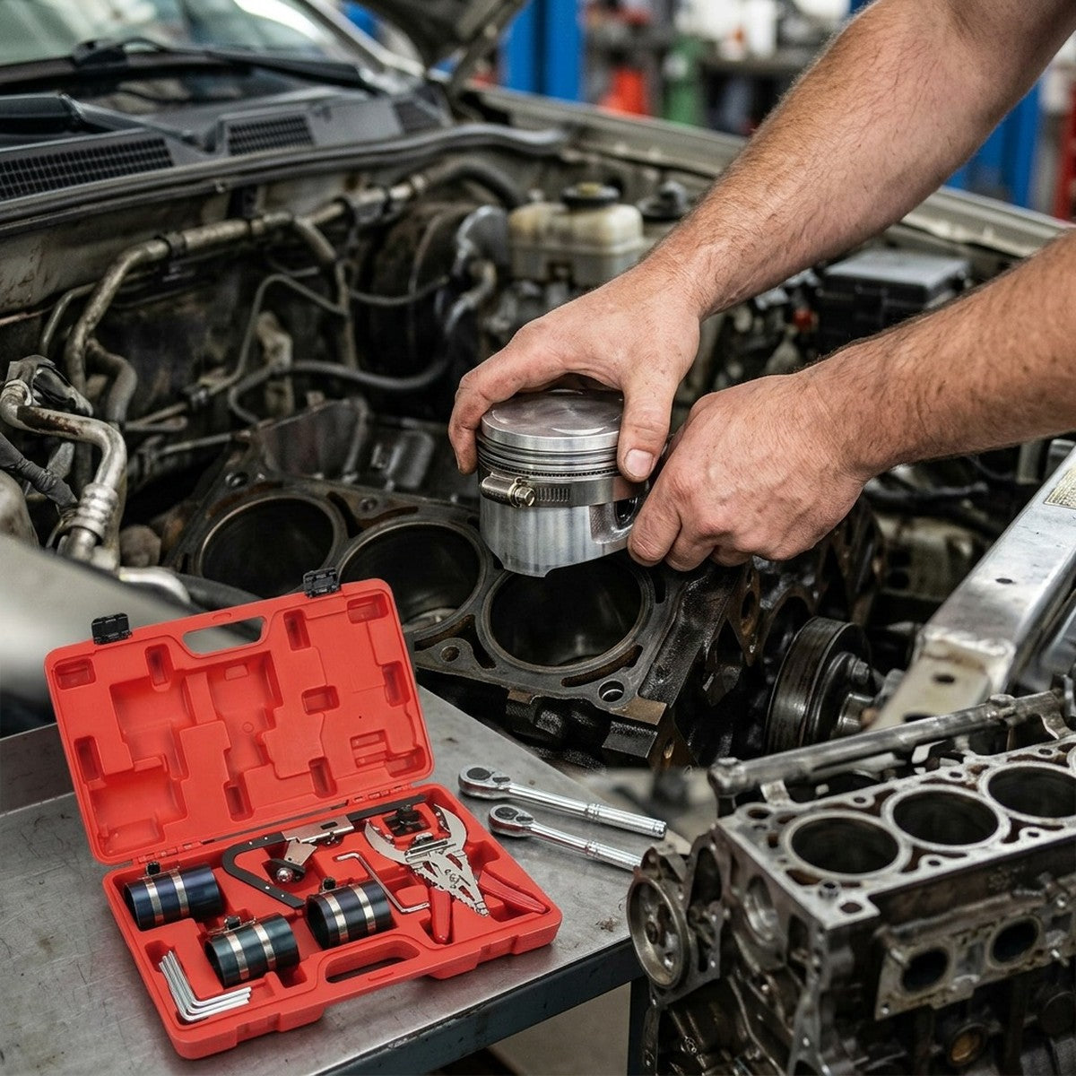 Piston Ring Compressor Repair Tool Set — in use