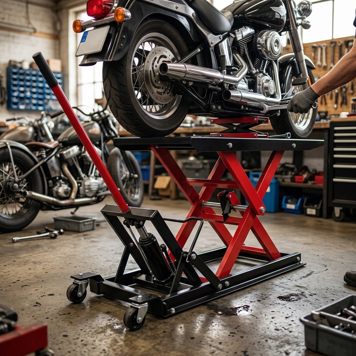 Heavy Duty Motorcycle Hydraulic Lift 1500 lbs — in use