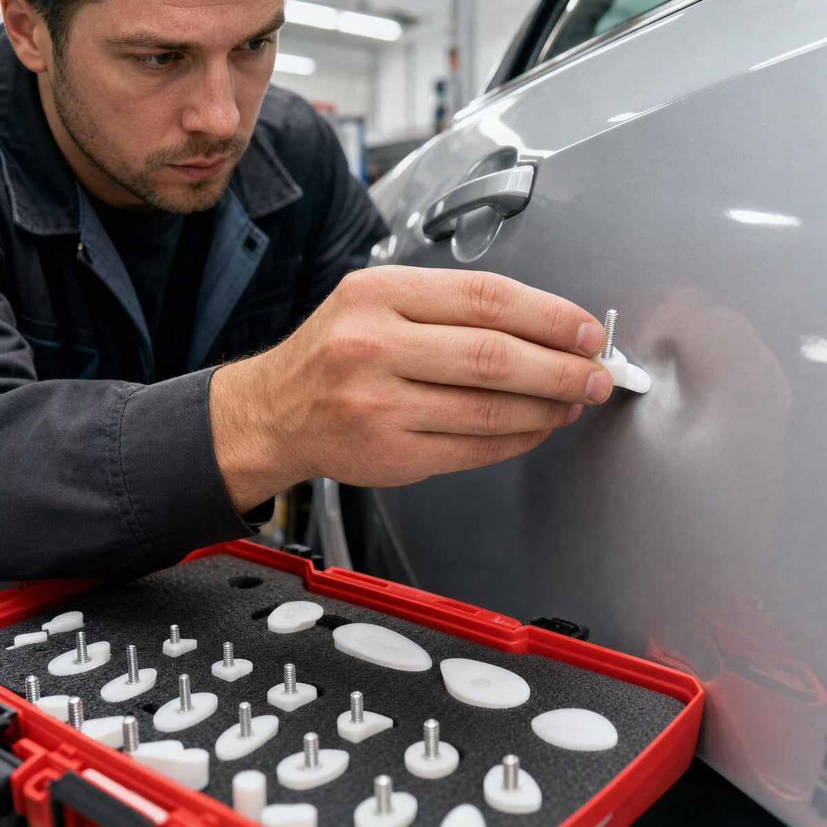 18-Piece Manual Dent Puller Tab Set — in use