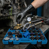 Radiator Pressure Tester & Cooling System Test Kit - 28 Piece (Plastic Adapters) — in use