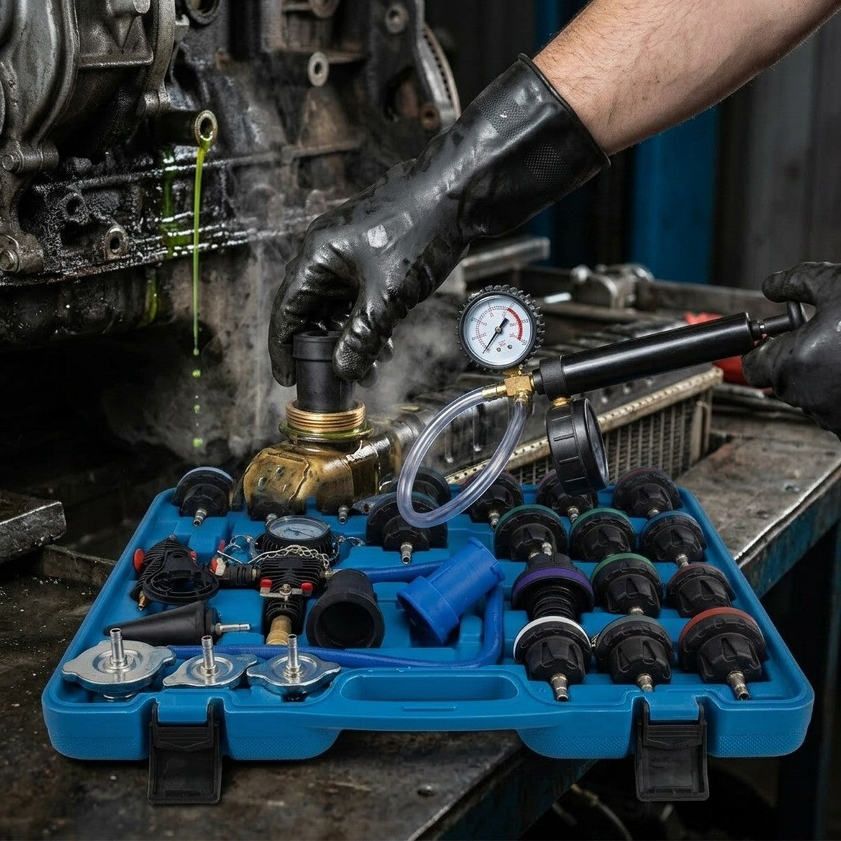 Radiator Pressure Tester & Cooling System Test Kit - 28 Piece (Plastic Adapters) — in use